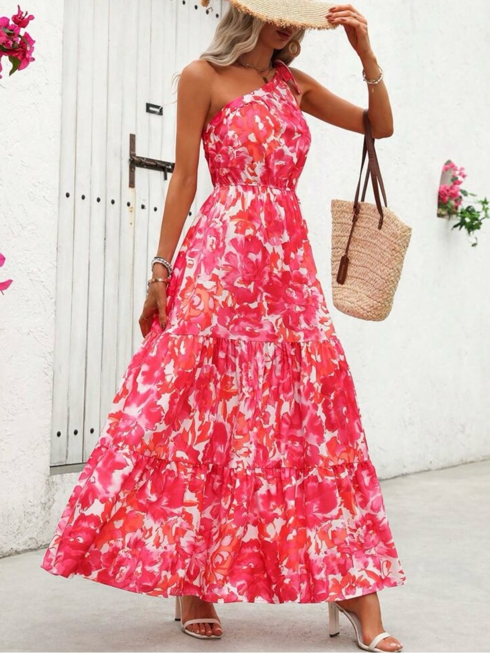 One-Shoulder Pink Floral Maxi Dress